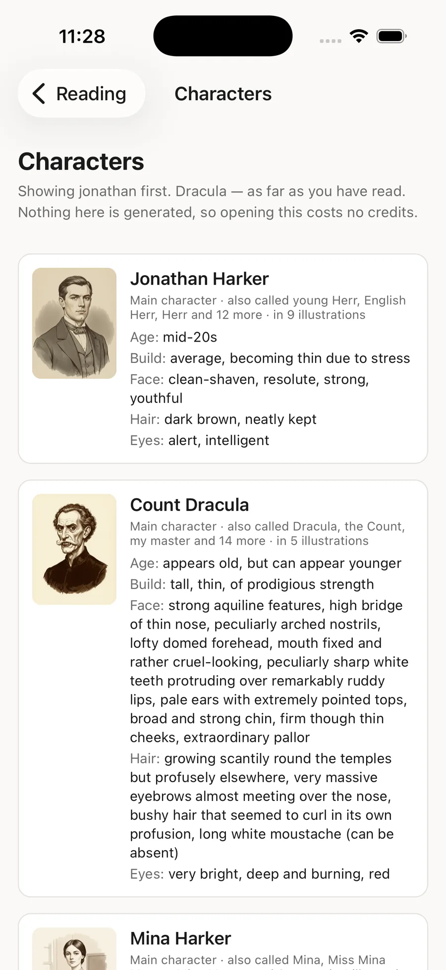 A list of characters with portraits and descriptions: Jonathan Harker, Count Dracula, Mina Harker.