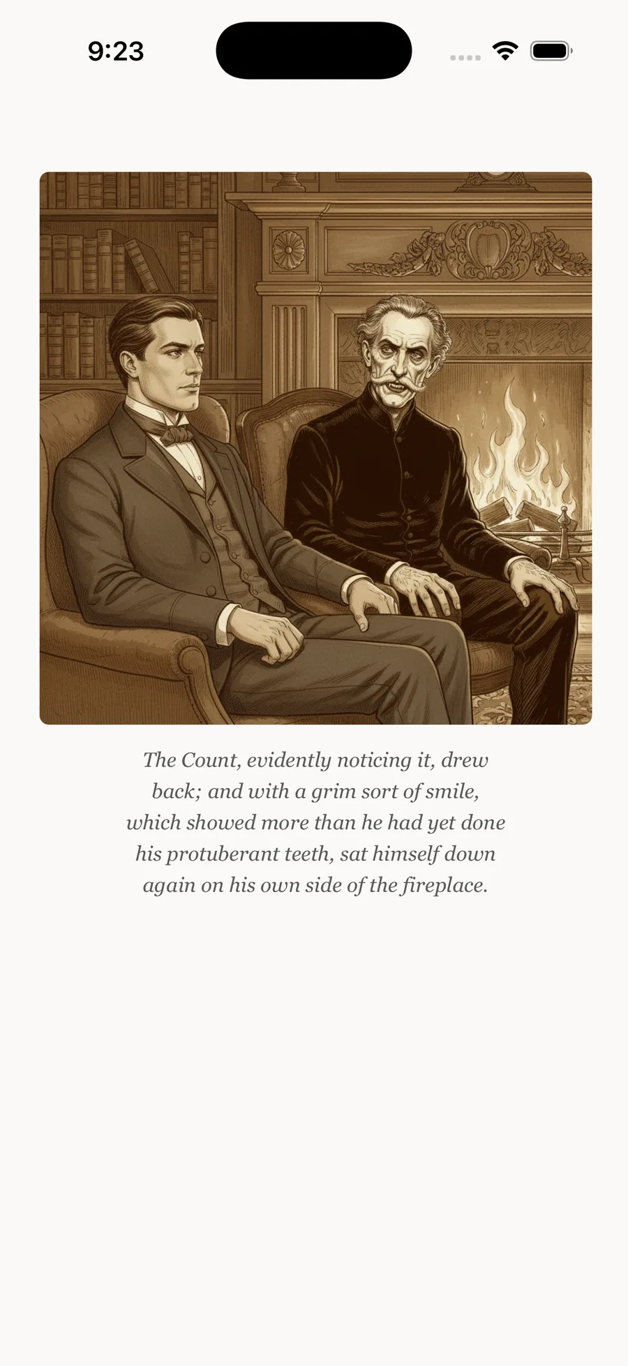 A full-page sepia illustration of Count Dracula standing by a fireplace, with a caption from the passage beneath it.
