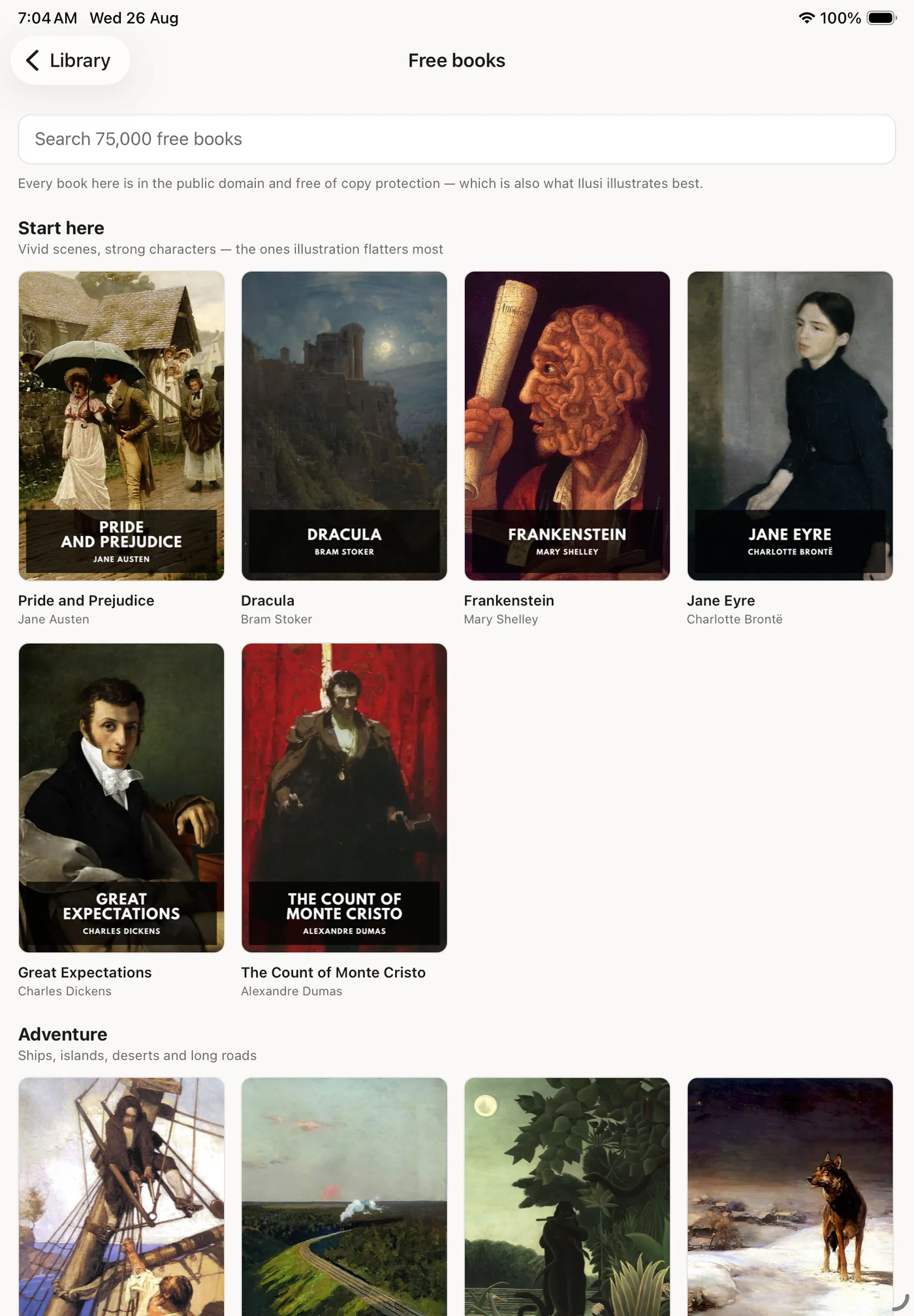 Ilusi's free books shelf on iPad, showing cover art for Pride and Prejudice, Dracula, Frankenstein, Jane Eyre, Great Expectations and The Count of Monte Cristo.